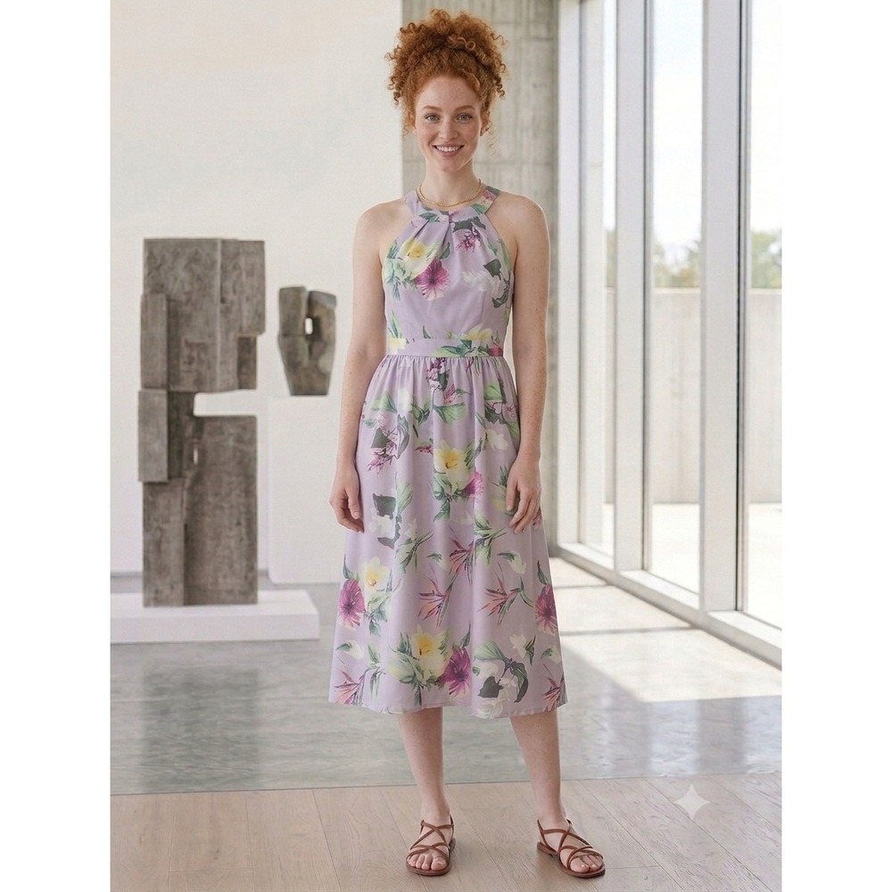 Unique Vintage Lavender Floral Halter Midi Dress Purple Women XS Granny Chic